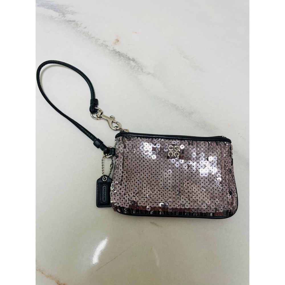 Coach Wristlet Silver Gunmetal Sequin Black Leather Small Pouch Bag OS